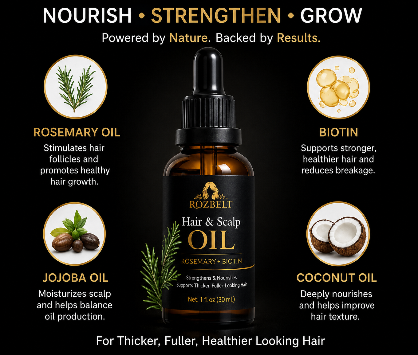 Rozbelt Hair Growth Oil – Rosemary & Biotin – Scalp Treatment 1oz